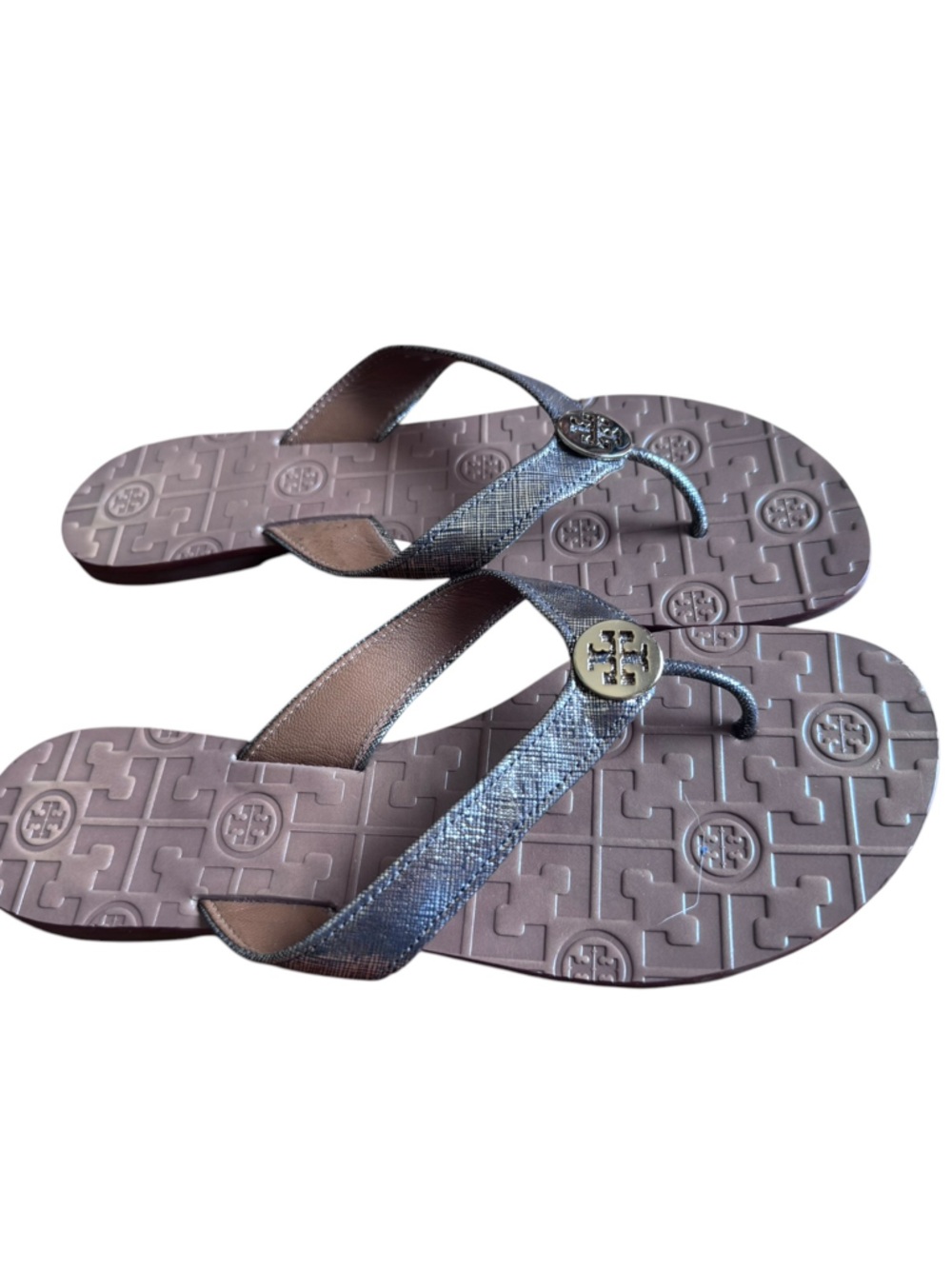 Tory Burch Thora Gold Thong Leather Flip Flop Embossed Footbed Thongs 9M Excelle
